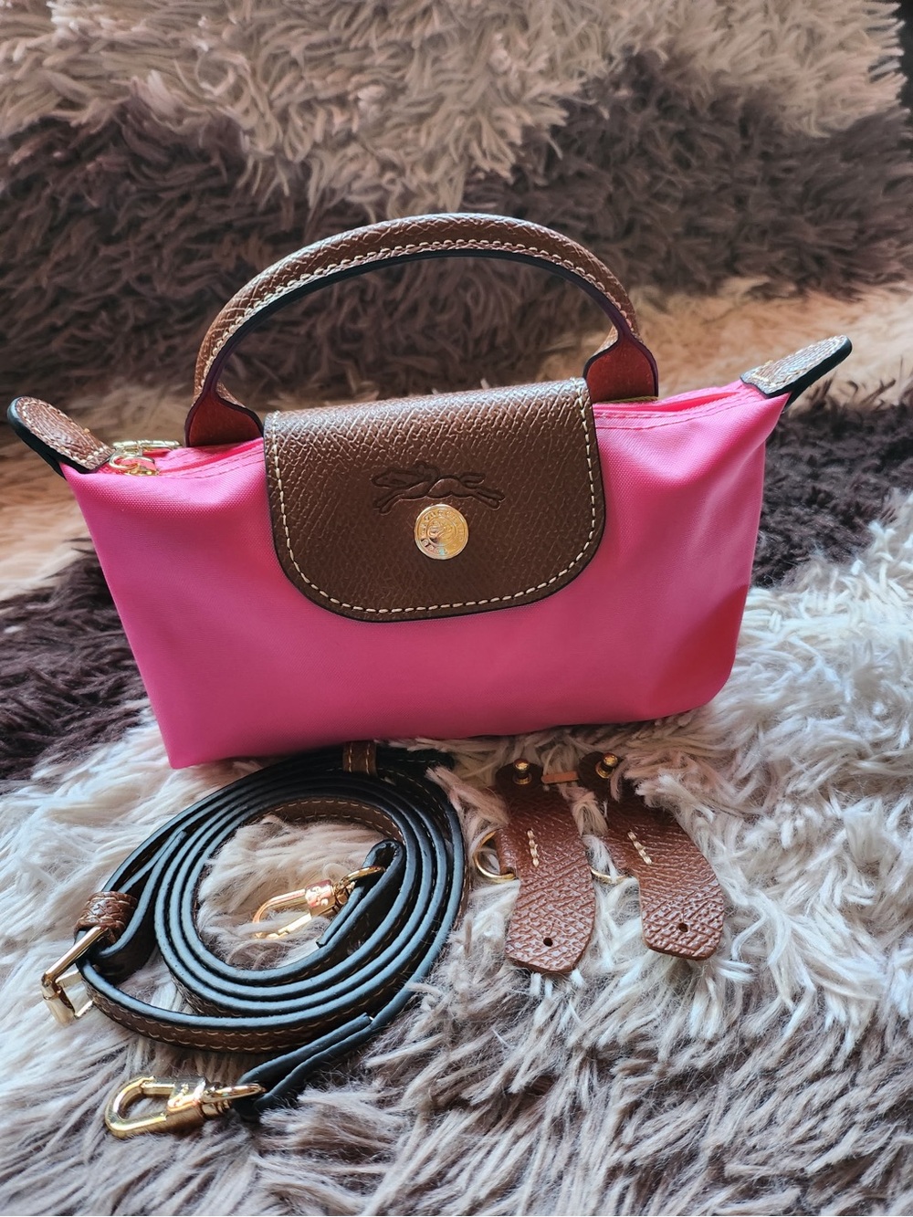 Hot Pink mini Nylon Top-Handle Bag with Brown Trim and removable strap